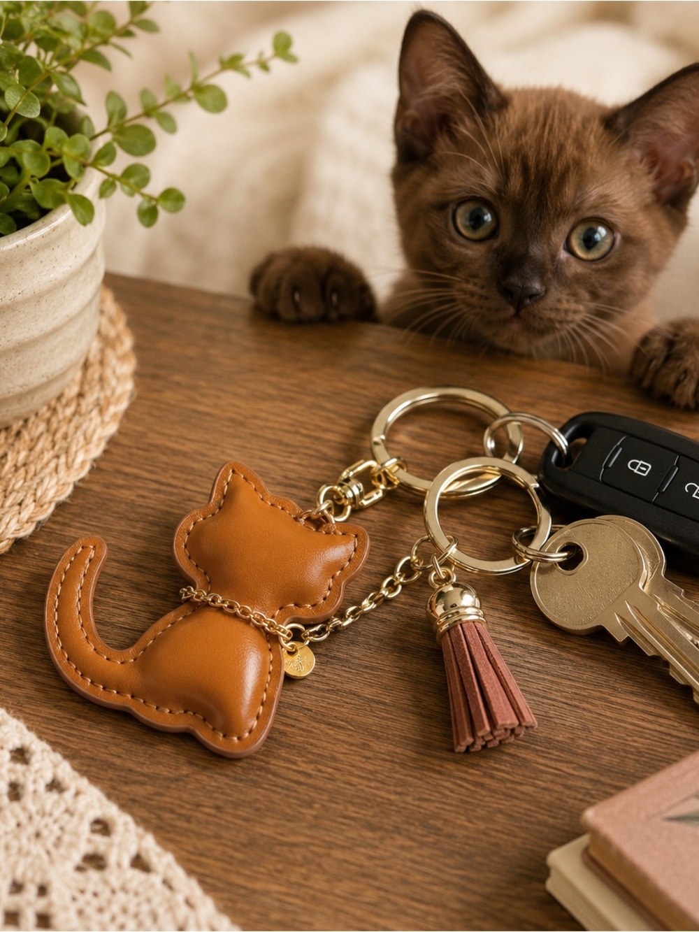 Brown Faux Leather Cat Keychain Bag Charm Tassel Gold Tone Cute Kawaii